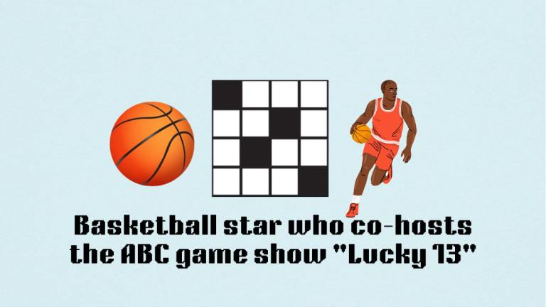 A basketball and a basketball player next to the Basketball star who co-hosts the ABC game show Lucky 13 clue for the NYT Mini Crossword.