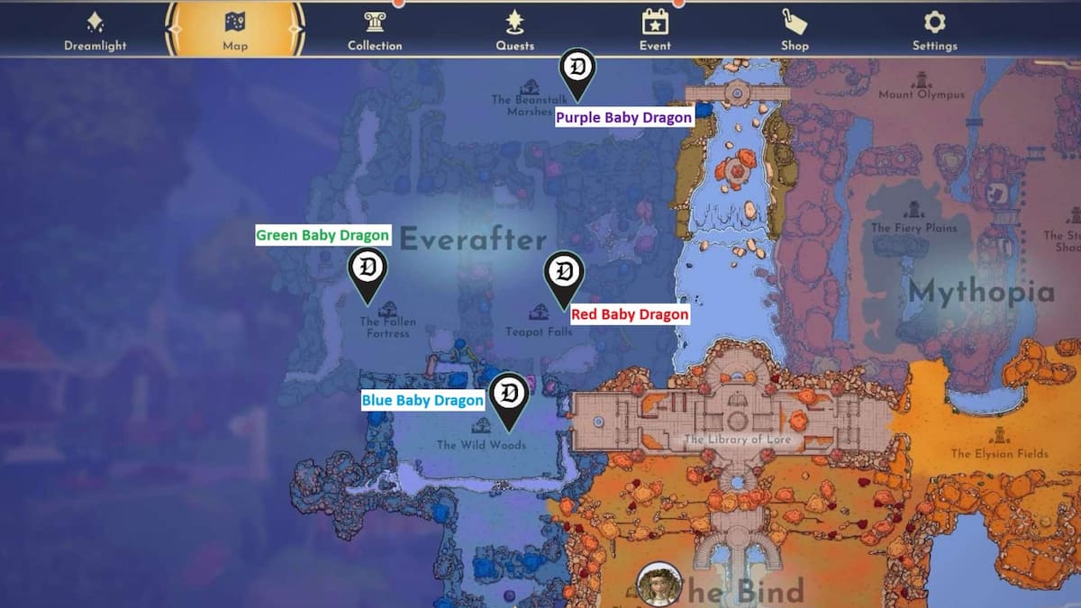 All Baby Dragon locations marked on a map in Disney Dreamlight Valley.