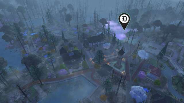 Sparkling Baleful Bog water marked in the dark and eerie Mouringvale neighborhood in The Sims 4 Life & Death.