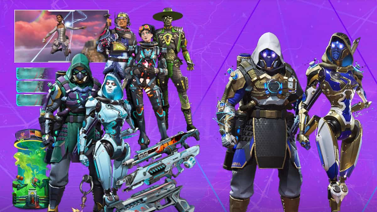 Several Apex Legends skins on a purple background.