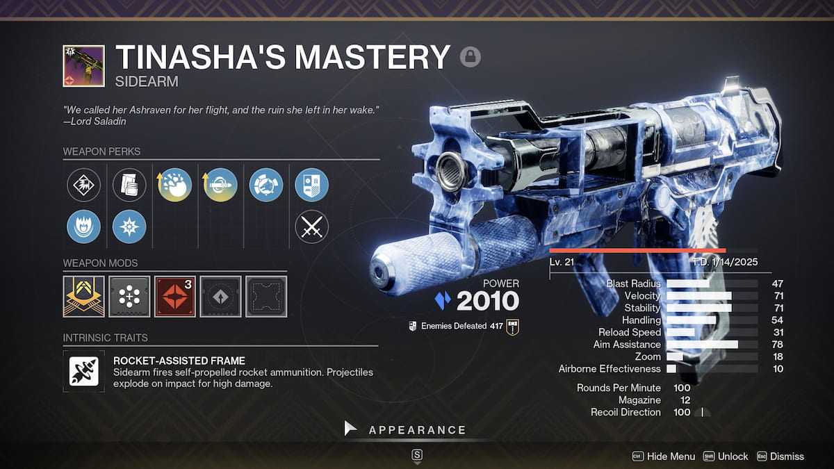 Tinasha's Mastery roll in Destiny 2