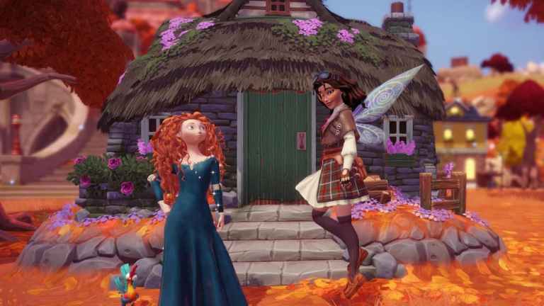 The player flying next to Merida and Merida's cottage in Disney Dreamlight Valley.