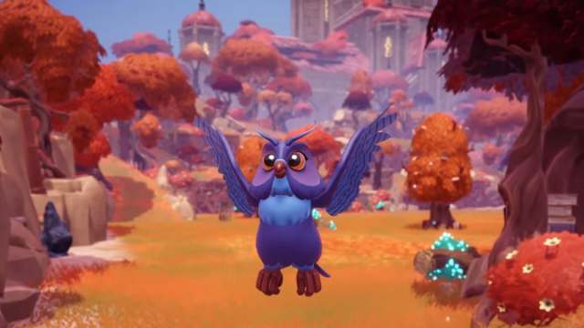 A purple flying owl in The Bind biome in Disney Dreamlight Valley.