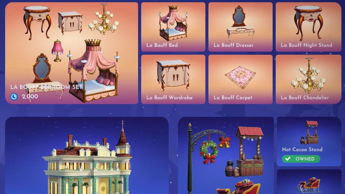 The Nov. 20 to 27 Premium Shop in Disney Dreamlight Valley featuring a royal La Bouff bedroom set, some winter holiday themed items, and a yellow castle.