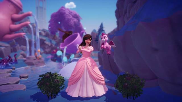 A player in a pink princess dress smiling at their pink Pegasus while standing between two Slate Gray Roses in Disney Dreamlight Valley.