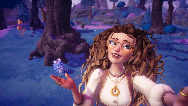 The player smiling while taking a picture with a Blue Baby Dragon in Disney Dreamlight Valley.