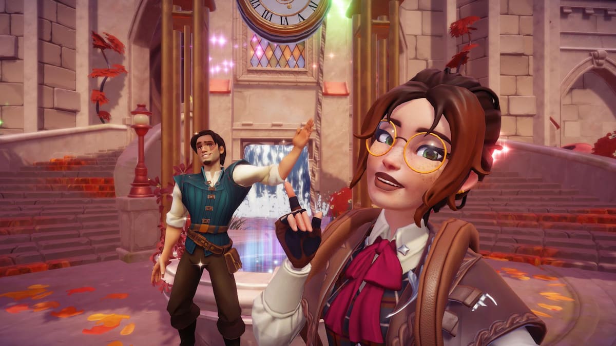 The player taking a picture with Flynn in front of a well in Disney Dreamlight Valley.