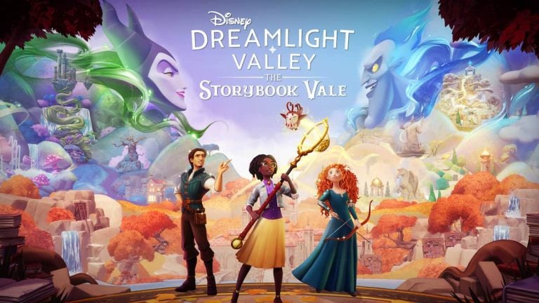 The player standing and holding the Royal Net with Merida and Flynn Rider in The Storybook Vale with Hades and Maleficent looming above ominously in Disney Dreamlight Valley.