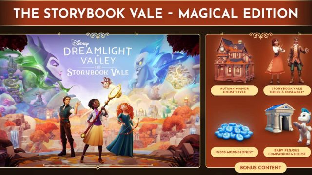 The Magical Edition of Disney Dreamlight Valley The Storybook Vale with 10,000 Moonstones, the Autumn Manor House Style, the Storybook Vale Dress and Ensemble outfits, and the Baby Pegasus companion and house.