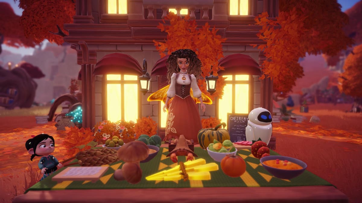 The player flying in front of a table that has lots of The Storybook Vale ingredients and recipes sitting on it in Disney Dreamlight Valley.