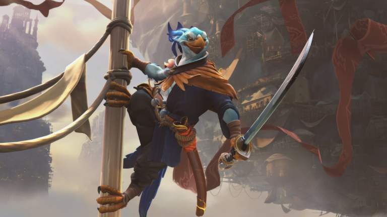 The Dota 2 hero Kez hanging from a bamboo pole with the Katana in his left hand