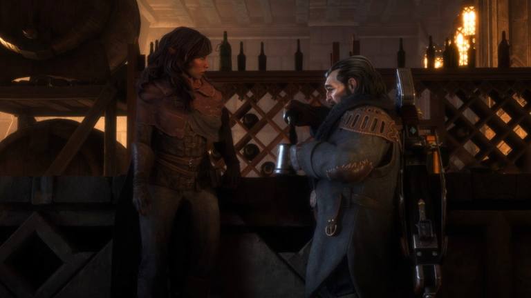 Rook standing with Varric at a bar in Dragon Age: The Veilguard.