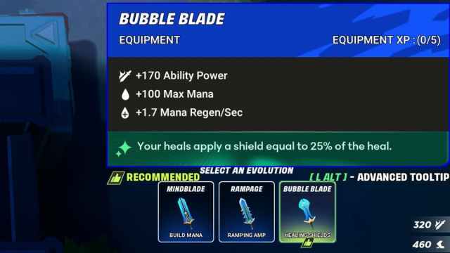 A tooltip showing textual information regarding a weapon called the Mana Blade in SUPERVIVE, it grants extra Ability Power, Mana, and Mana Regeneration.