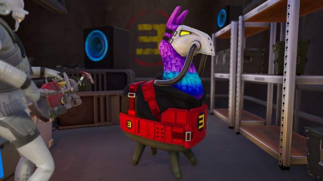 A purple and blue Llama wearing red and black Eminem attire in Fortnite Remix.