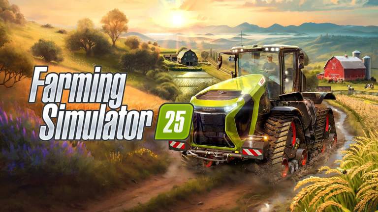 farming sim 25 key art, showing a tractor with the game's logo