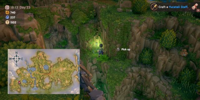 Player picking up glowing green crystal Forest Offerings in Luma Island with map.