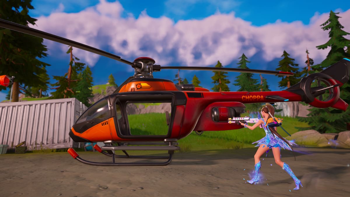 Ariana Grande walking up to a helicopter in Fortnite Remix.