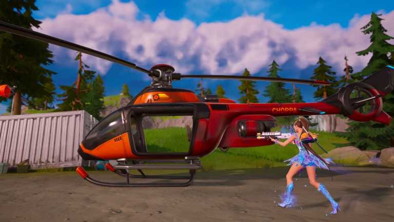 Ariana Grande walking up to a helicopter in Fortnite Remix.