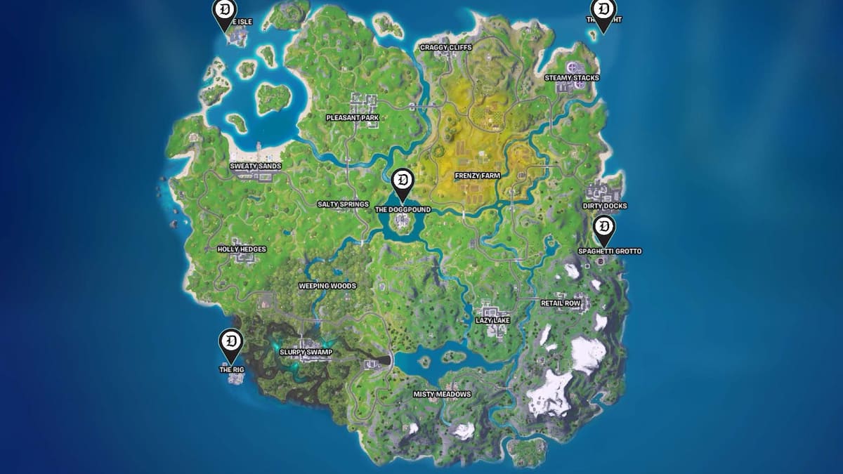 All Mythic weapon locations marked on a map in Fortnite Remix.