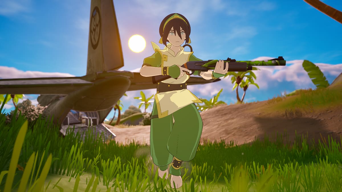 Toph running in front of a ruined plane at Crash Site while holding a gun in Fortnite Remix.