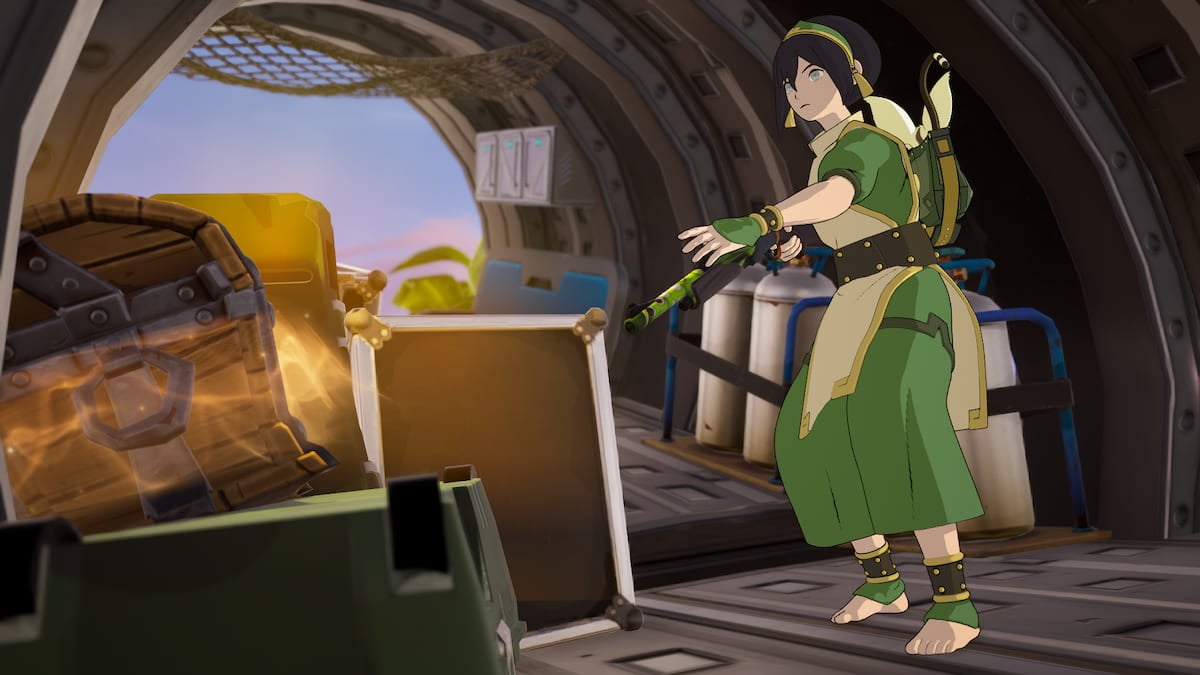 Toph collecting items from a glowing golden chest at Crash Site in Fortnite Remix.