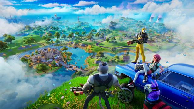 three fortnite charcters holding guns, sitting on a car, and looking over the island