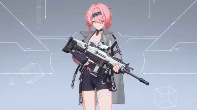 A girl with pink hair and an oversized coat wearing a massive SCAR-H automatic rifle in her hands in Strinova.