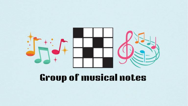 Colorful music notes next to the Group of music notes clue for the NYT Mini Crossword.