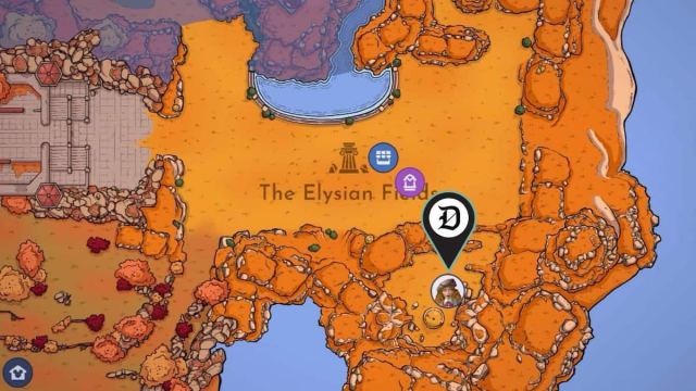 The location of the trial that can be completed to unlock Hades in The Elysian Fields marked in Disney Dreamlight Valley.