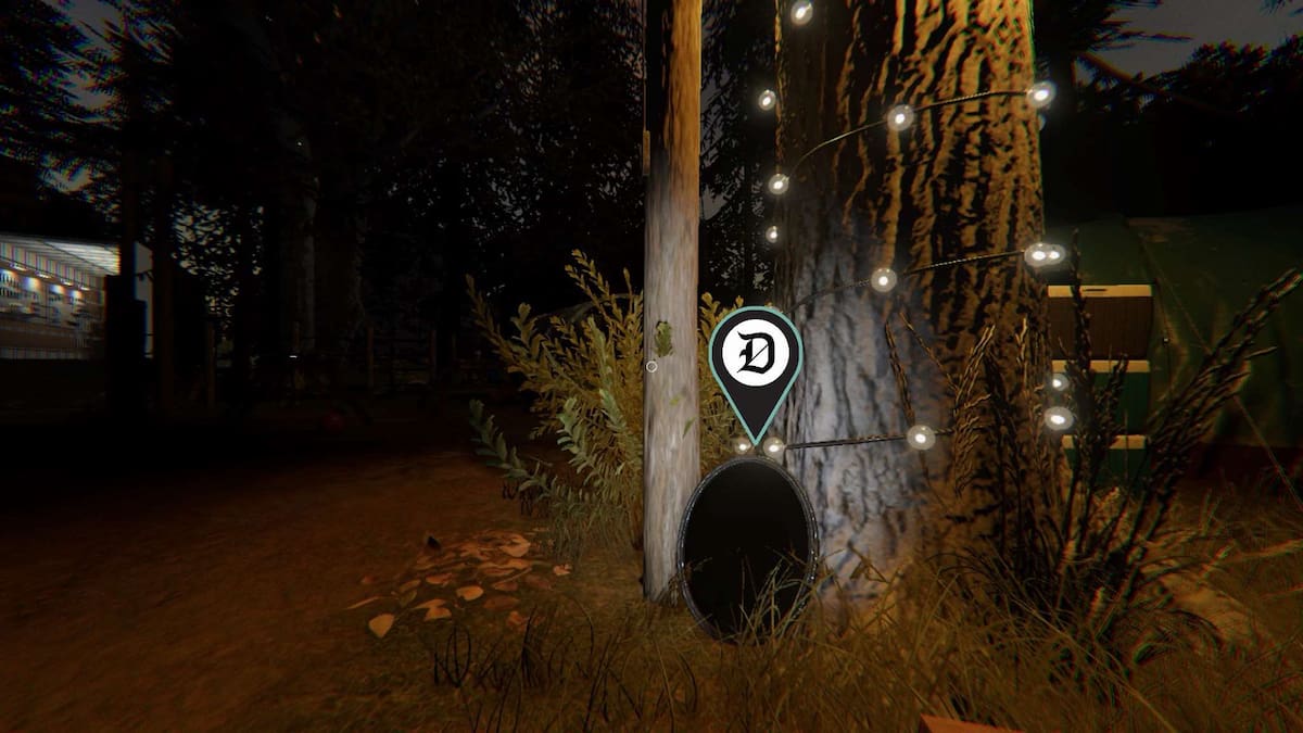 A Haunted Mirror on the ground leaning up against a tree at Camp Woodwind in Phasmophobia.