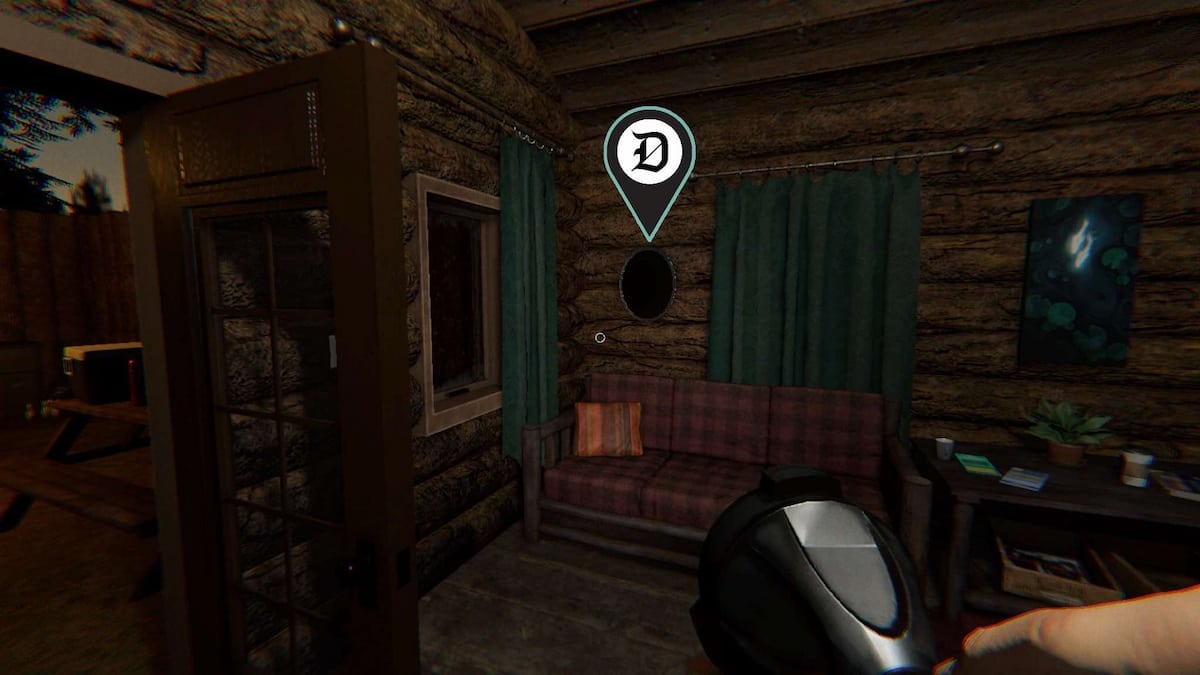 A Haunted Mirror hanging on a wooden wall at Maple Lodge Campsite in Phasmophobia.