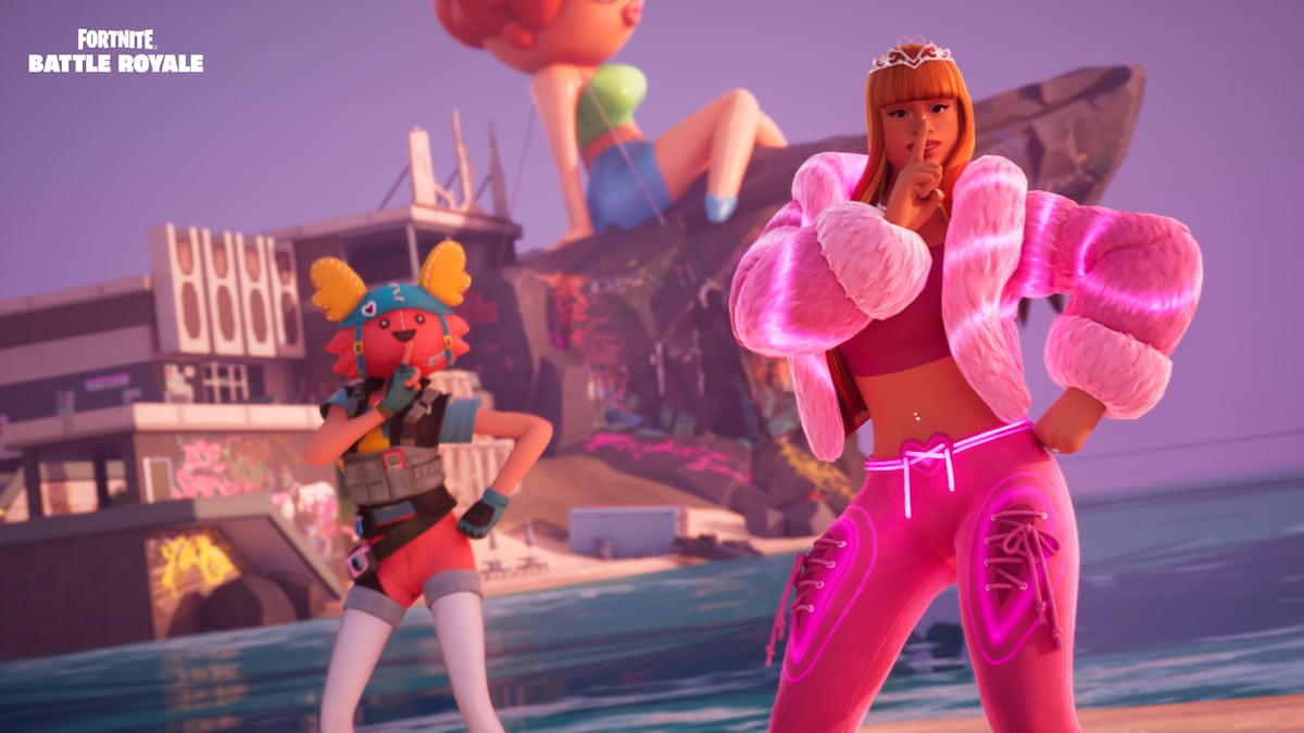 Ice Spice dancing with Skye Guff in front of her abandoned mall Ice Isle POI in Fortnite Remix.