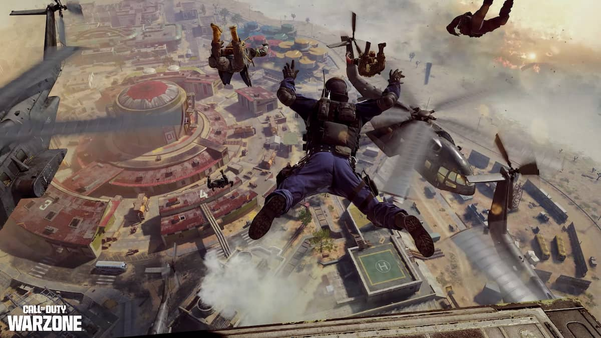 Warzone operators skydive into a match with a cityscape below them.