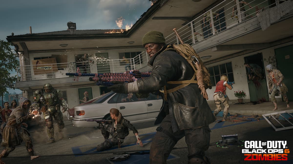 Operators battle zombies in a motel parking lot.