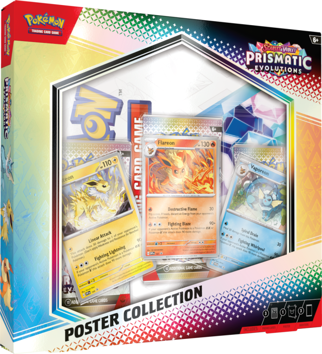 Prismatic Evolutions poster collection with three packs, a stunning jolteon, flareon,a nd vaporeon cards