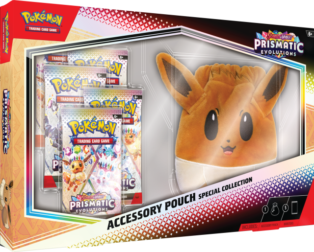 Prismatic Evolutions accesory puch collection that shows 5 packs and a weird looking eevee face bag thats more creepy then it should be