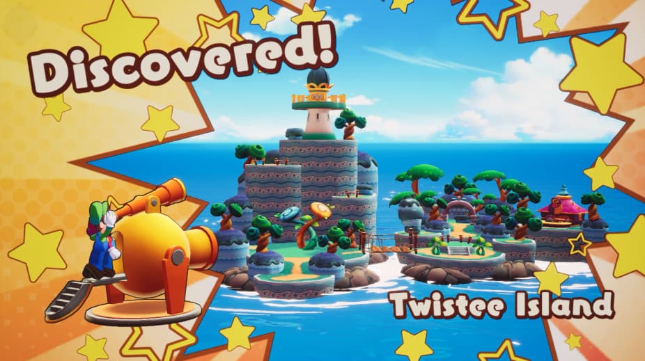 mario and luigi xiscover twistee island, a small island with a lighthouse above it on a cliffside