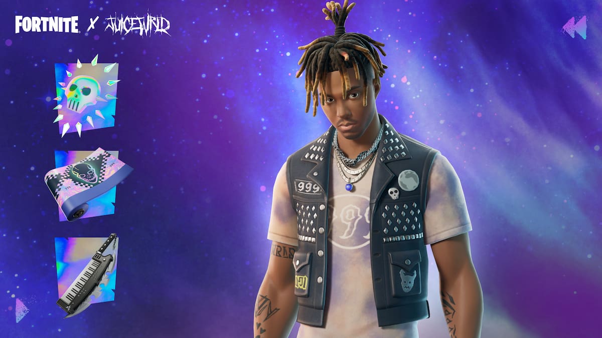 The Juice WRLD Takeover Bundle featuring Juice WRLD, his back bling, a wrap, and a keytar in Fortnite.