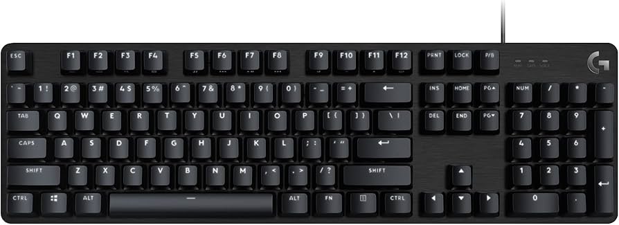 Top-down view of a black full-size keyboard by Logitech.