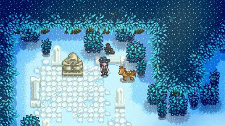 The Lost Items Shop in Stardew Valley with a Crow NPC running it and the player standing with their horse in the snow by it.