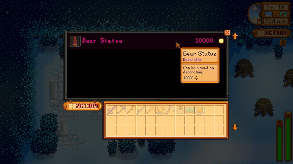 A Bear Statue on sale for 10,000 gold in the Lost Items Shop in Stardew Valley.