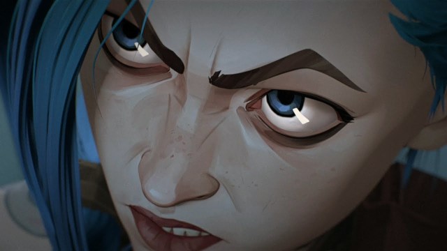 close up of jinx's face in arcane