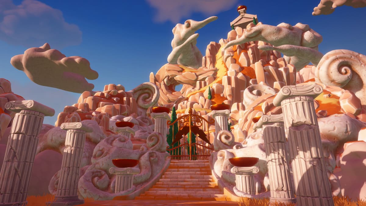 The white and gold palace of Mount Olympus in Disney Dreaamlight Valley.