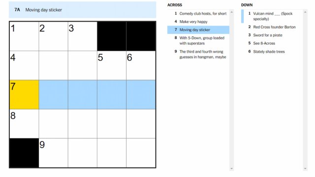 The Moving day sticker clue highlighted on the NYT Mini Crossword.