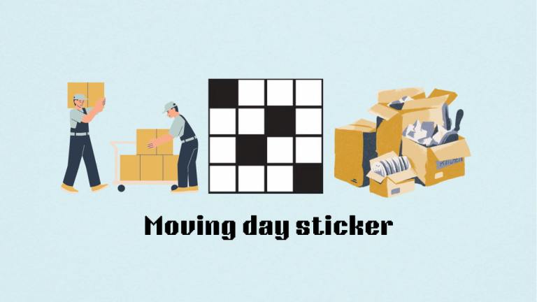 The Moving day sticker clue by some workers moving boxes and a pile of stacked boxes for the NYT Mini Crossword clue.