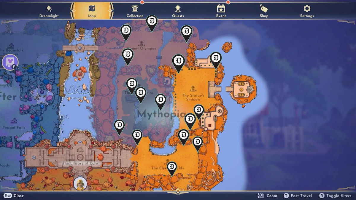 All rock nodes in Mythopia biome marked on a map in Disney Dreamlight Valley.
