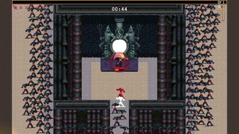 A character standing in front of a mirror facing off numerous enemies in the Vampire Survivors game.