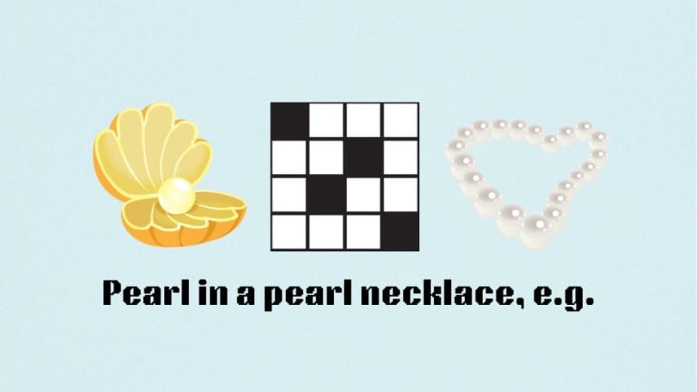 A pearl in a yellow clam and a pearl necklace next to the Pearl in a pearl necklace, e.g. clue for the NYT Mini Crossword.