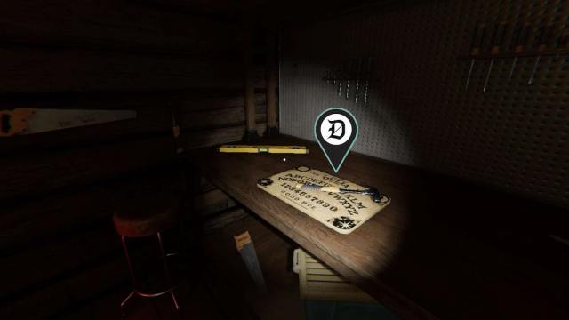 A Ouija Board on a table on the first floor of Bleasdale Farmhouse in Phasmophobia.