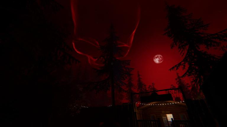 A red sky with a massive skull and Blood Moon hovering over the Maple Lodge Campsite map in Phasmophobia.